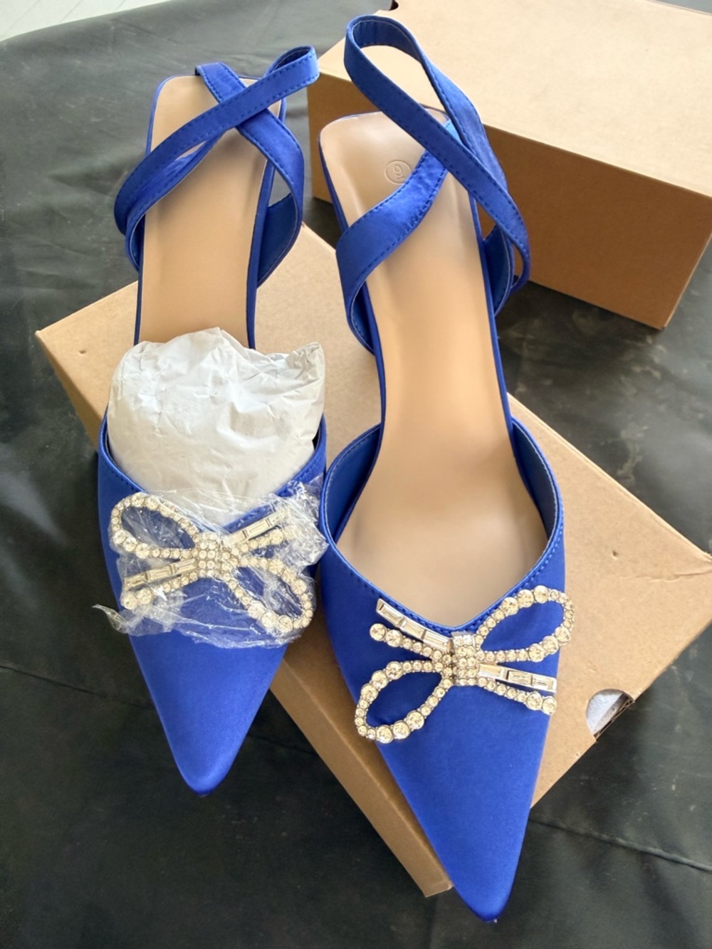 Women's Royal Blue Pointed Toe Slingback Heels with Crystal Bow